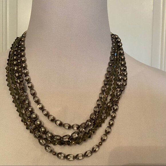 NECKLACE GRAY SILVER CRYSTALS BEADS 5 STRAND 20” - Picture 2 of 6
